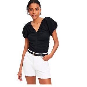 LOFT Seersucker Cinched Bubble Sleeve Black Textured V Neck Top Size Large
